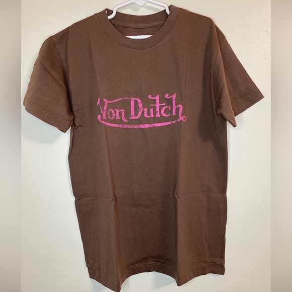 Von Dutch Printed T-shirt Boy's M Chocolate Brown Crewneck Pullover Tagless - Picture 1 of 6